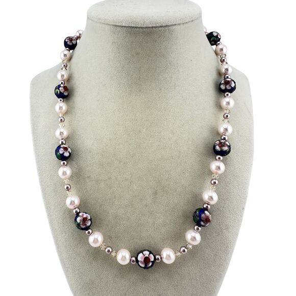 Unbranded Jewelry - Vintage Style Cloisonné Blue Enamel Cherry Blossom Faux Pink Pearls 18” Necklace